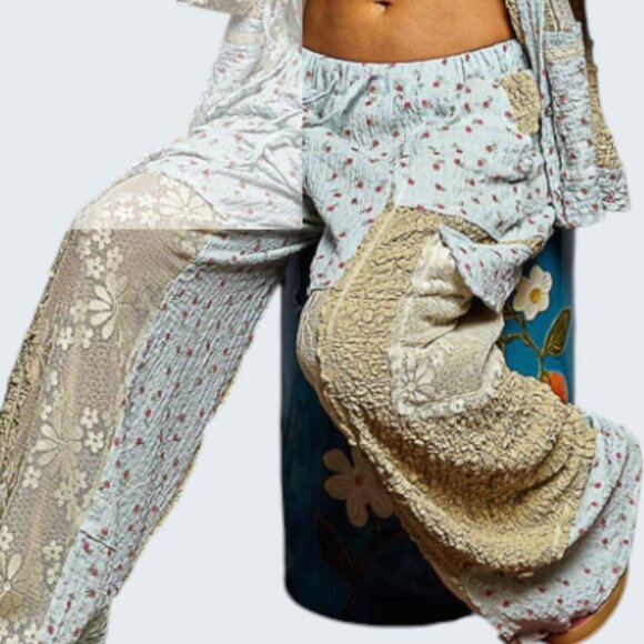 ❤️#191-P POL PANTS LACE&FLORAL PATTERN-BLUE PANTS - Picture 4 of 7